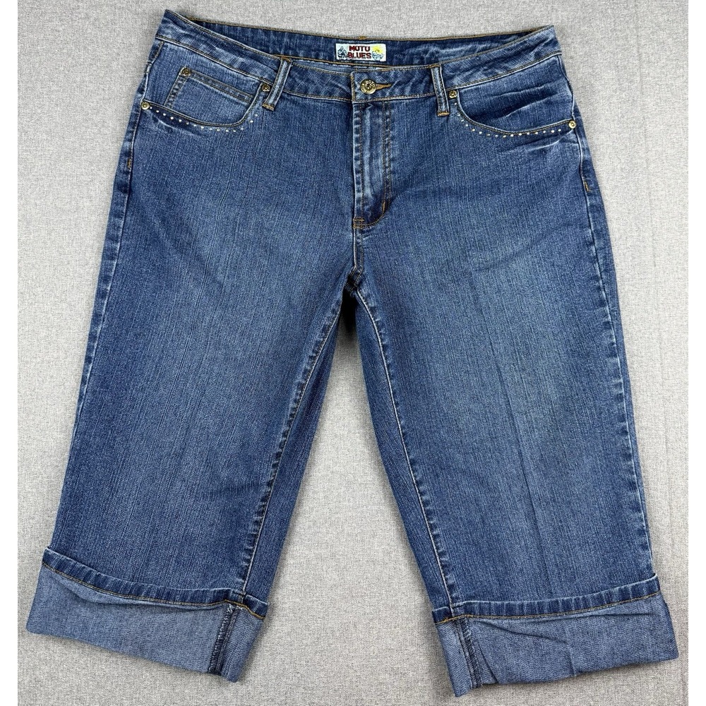 Moto Blues Women's Denim Capri Jeans Size 14 Stretch Cuffed Studded Pockets